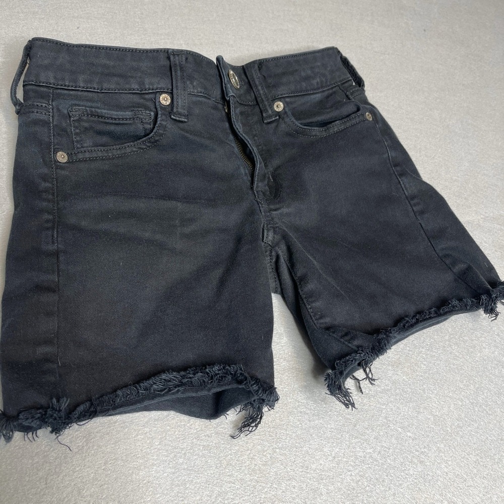 American Eagle Next Level Stretch Midi Black Frayed Cut Off Shorts - Picture 2 of 6